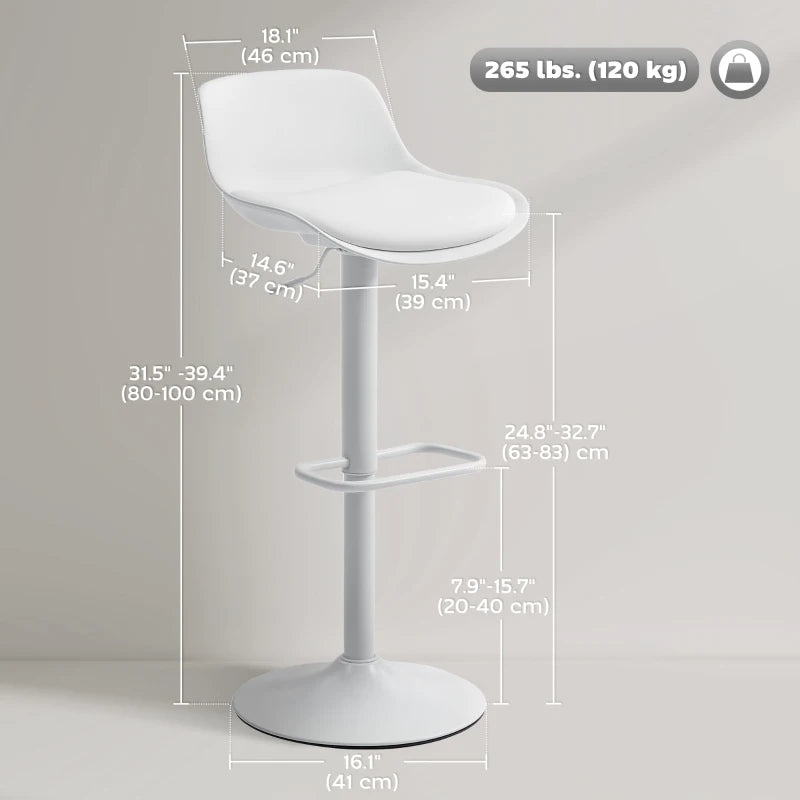 Counter Height Bar Stools Set of 2, Streamlined Bar Chairs with Adjustable Height and Swivel PU Leather Seat, White