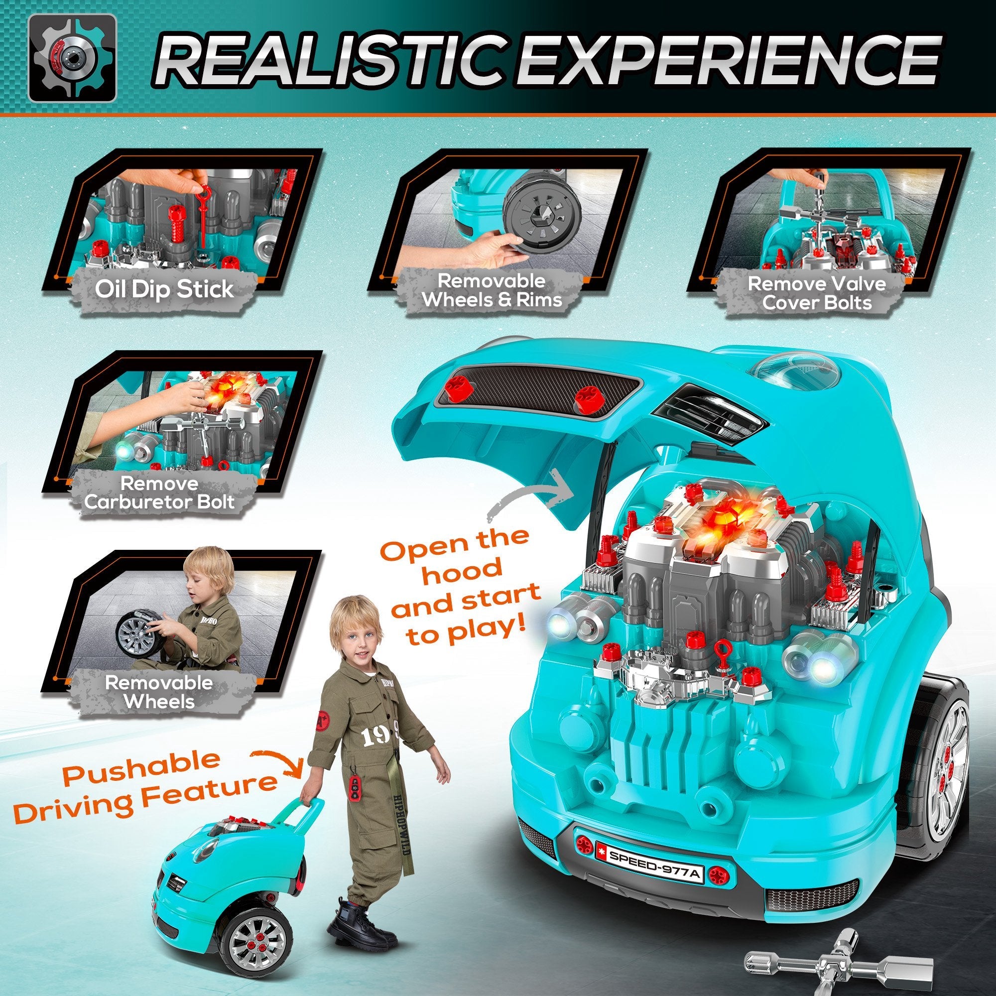 Qaba Kids Mechanic Truck Engine Repair Toy Set Car Service Teal Playset with Tools for Pretend Play