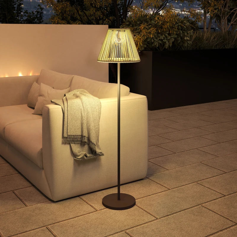 Wicker Outdoor Floor Lamp, Cordless Solar Lantern with Auto On/Off LED Lights, IP44 for Patio, Porch, Pathway, Grey