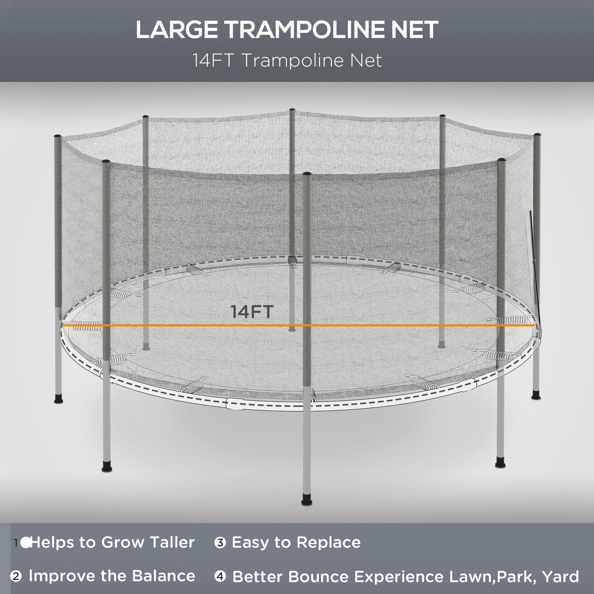 Soozier 14FT Enclosure Trampolining Bounce Safety Accessories Trampoline Net with 8 Poles, Grey