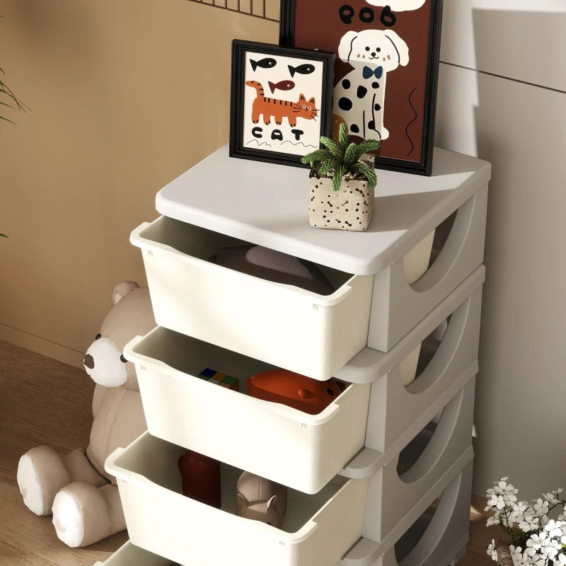 Qaba 4 Tier Kids Toy Organizer and Storage Bins with 4 Plastic Drawers, Cream White