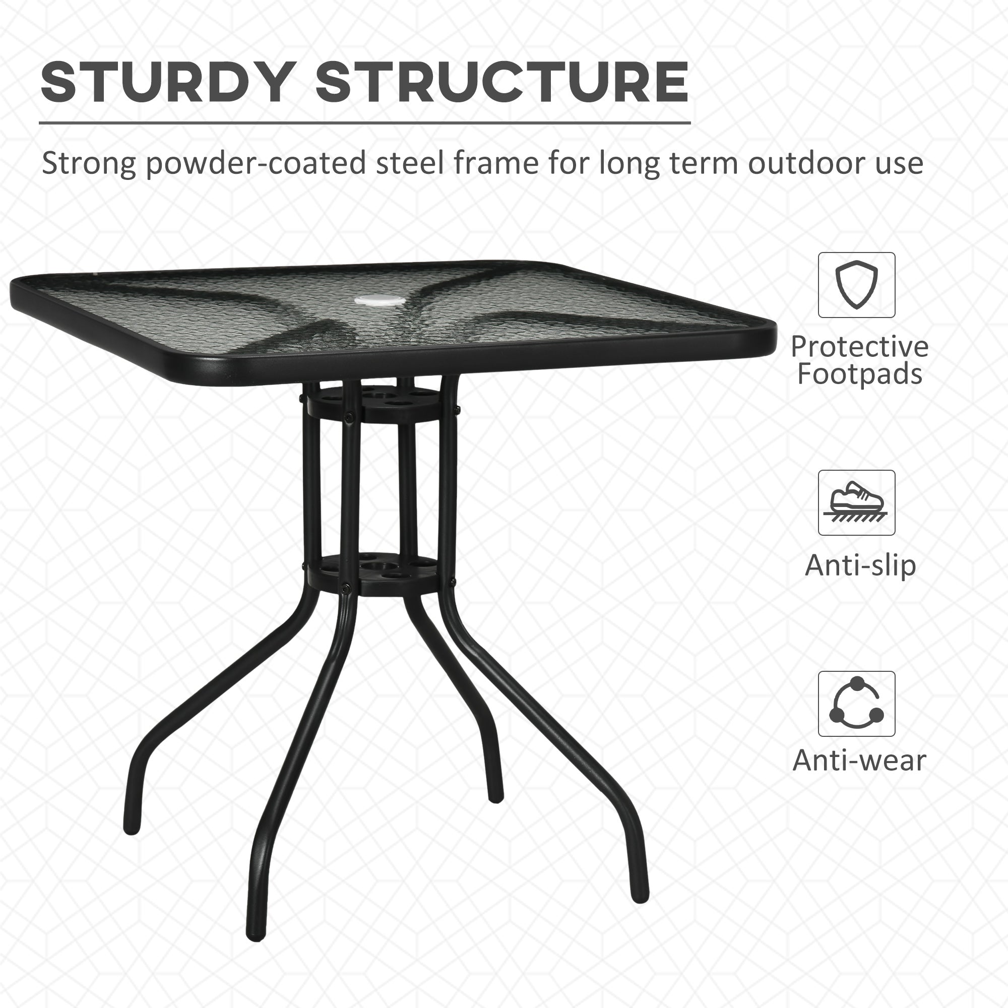 Outsunny Square Outdoor Dining Table - Tempered Glass Top with Umbrella Hole, Perfect for Garden & Balcony, Black