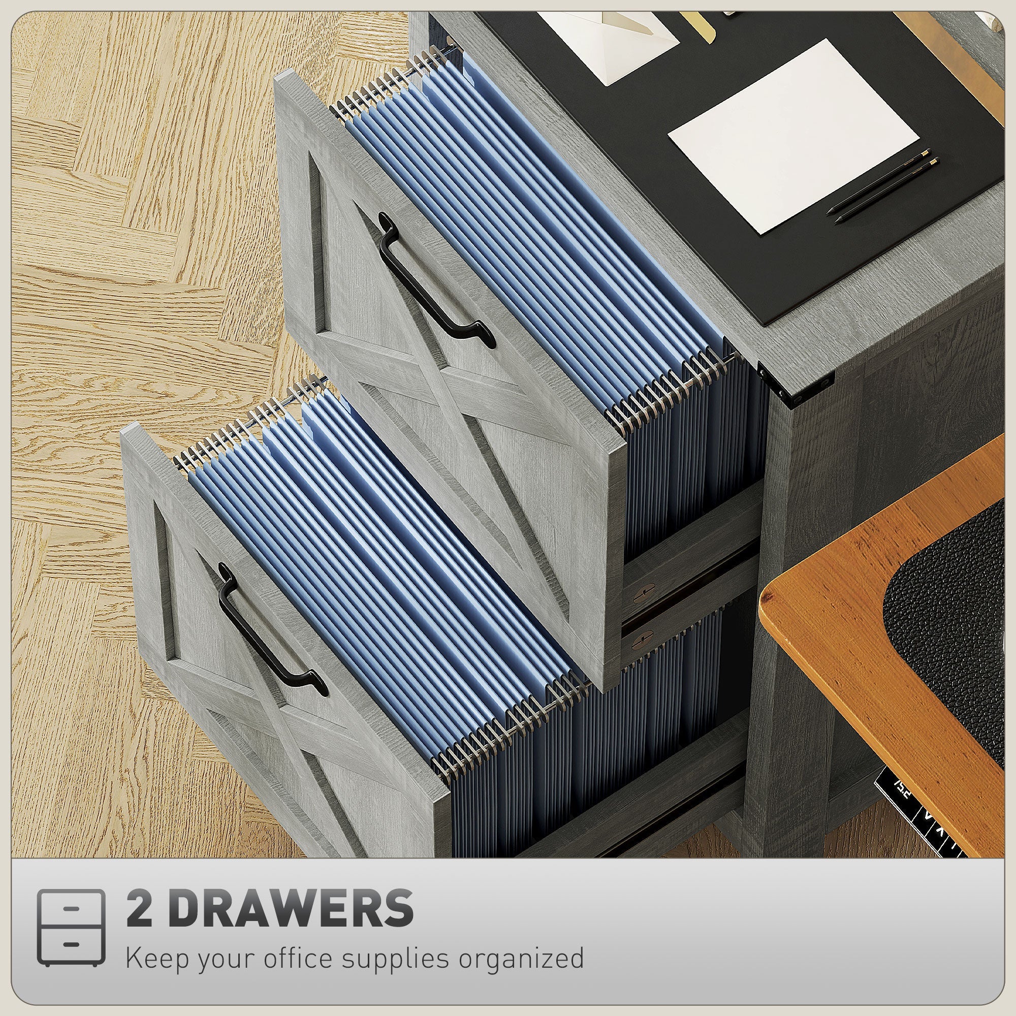 HOMCOM Vertical Filing Cabinet with 2 Drawers, Rustic Farmhouse Office Storage Cabinet for A4, Letter Size, Stone Grey