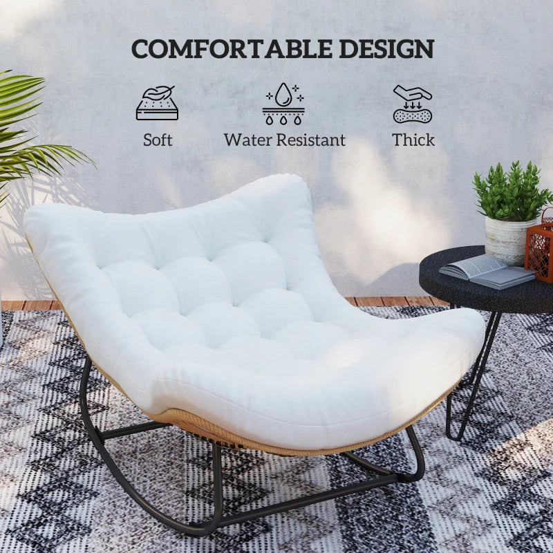 Oversized Rattan Patio Egg Chair, Outdoor Rocking Chair with Padded Cushion for Indoor, Porch, Cream White