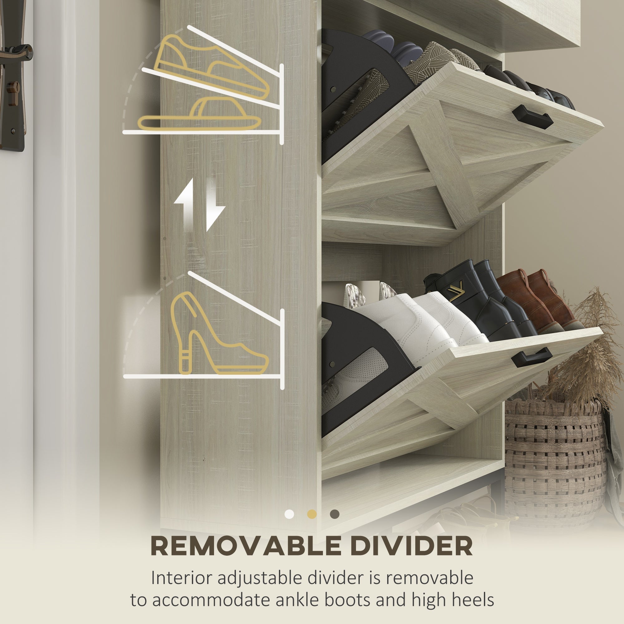 HOMCOM Narrow Shoe Cabinet Organizer with 2 Flip Drawers Adjustable Shelves for 12 Pairs Distressed White