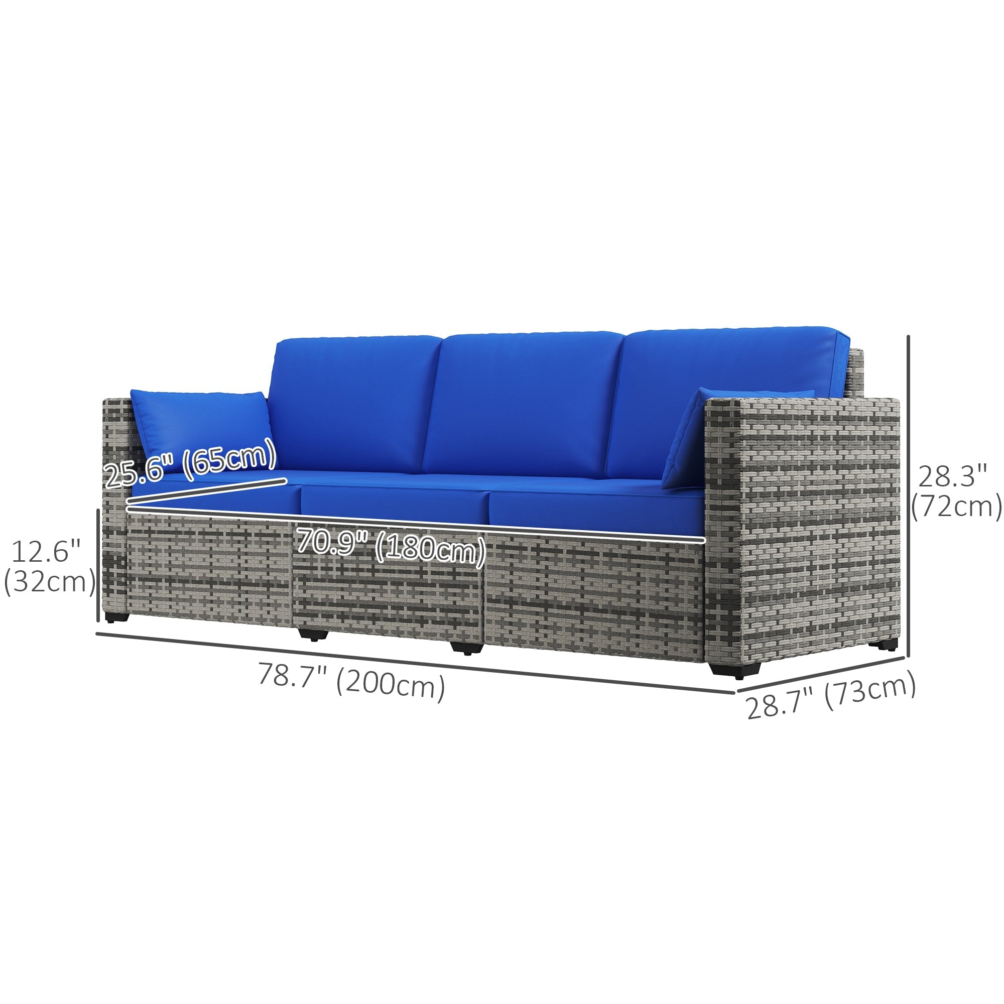Outsunny 3-Seater Sofa with Cushions - Blue PE Rattan Patio Couch, Conversation Set with Pillows for Garden, Conservatory