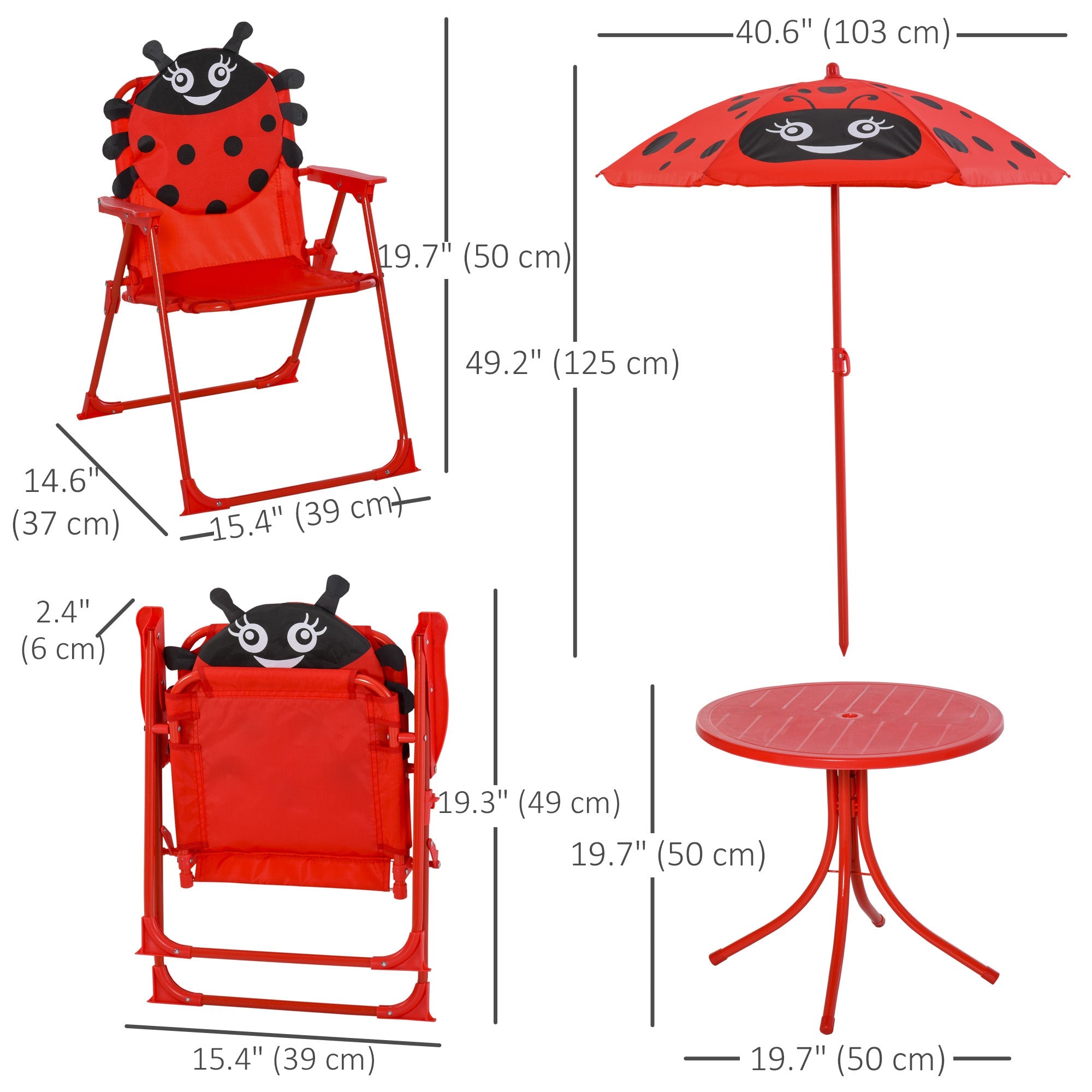 Outsunny Kids Picnic Table and Kids Picnic Chair Set Ladybug Pattern Outdoor Garden Patio Backyard with Removable Sun Umbrella Red