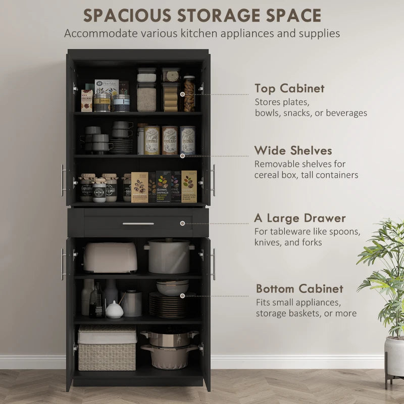 72" Storage Cabinet, Freestanding Kitchen Pantry Cabinet with 4 Doors, Drawer and 3 Adjustable Shelves, Black