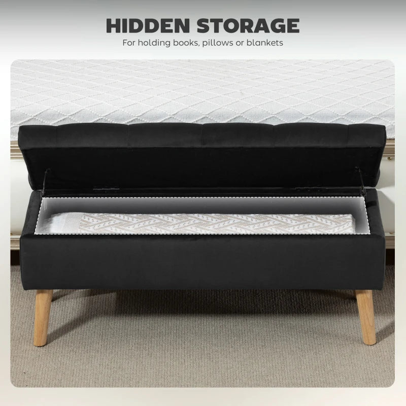 Storage Ottoman with Lid, Velvet Upholstered Storage Bench with Wood Legs for Living Room, Black