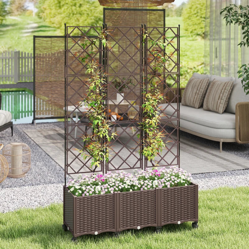 Plastic Raised Garden Bed with Trellis, Self Watering Planter Box with Wheels, Drainage Holes and Plugs