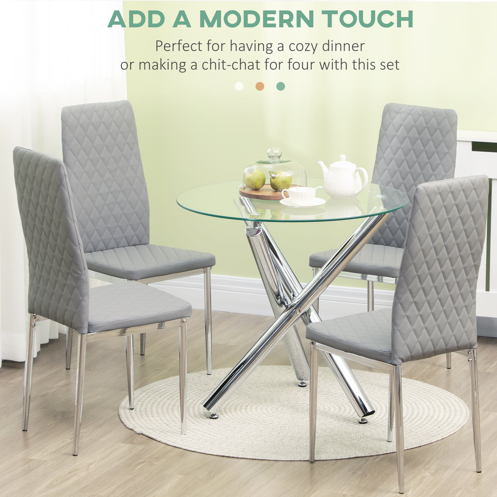 HOMCOM Set of 4 Modern Faux Leather Dining Chairs with Steel Legs for Kitchen Comfortable Design Grey