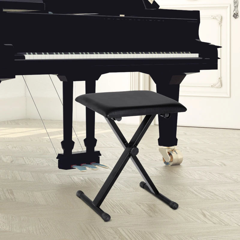 Adjustable Piano Bench, X-Style Folding Piano Stool with Padded Seat, Non-Slip Rubber Feet, Keyboard Chair, Black