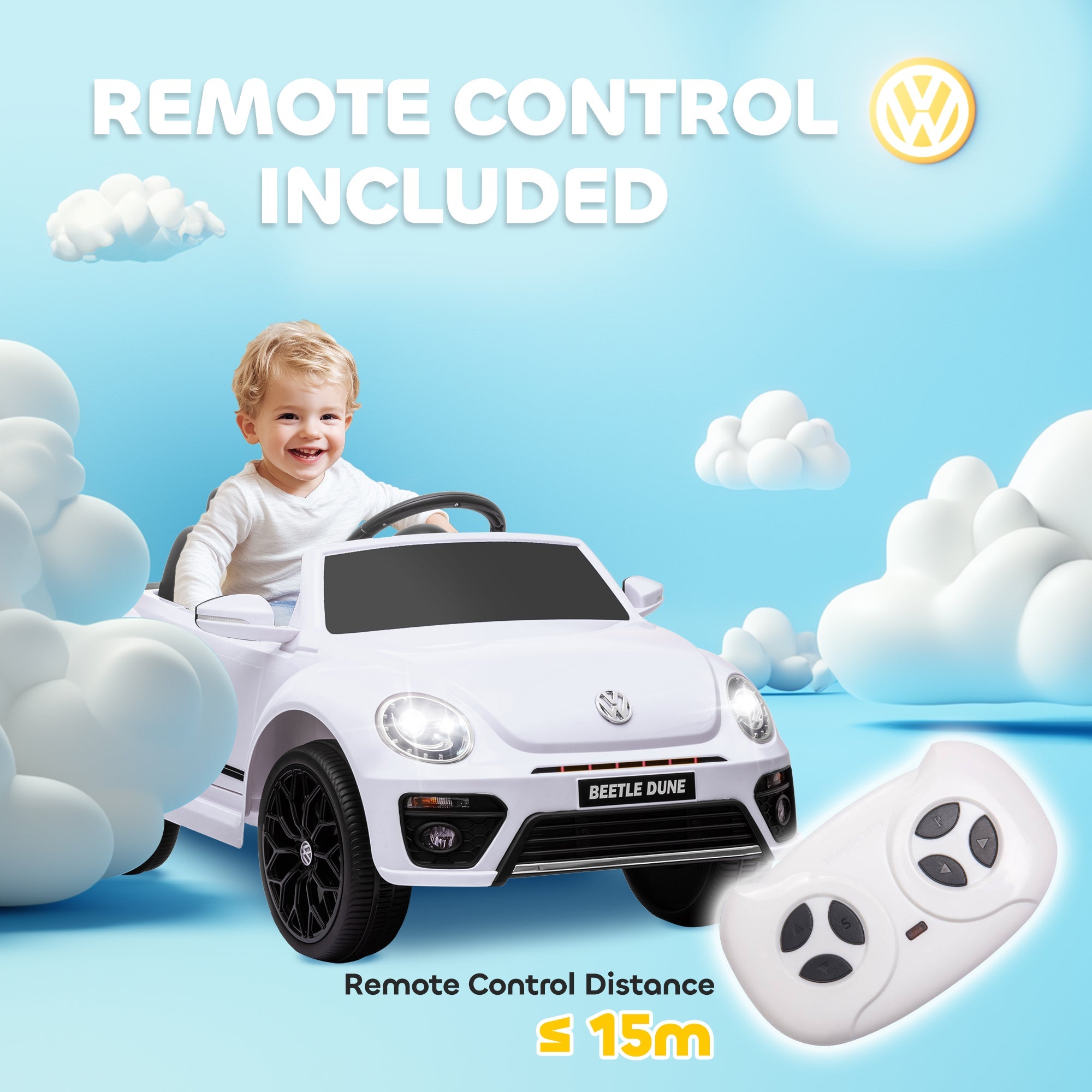 Qaba 12V Volkswagen Beetle Licensed Electric Car for Kids w/ Remote Control, 4 Spring Suspension Wheels, Soft Start, White