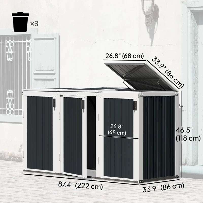 Outdoor Storage Shed Rustproof Garbage Bin Shed with Gas Struts Magnetic Doors for 3 Bins White and Grey