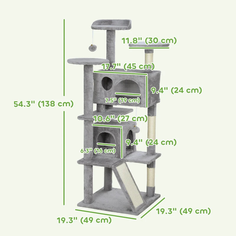 54" Cat Tree, Multi-Level Cat Tower with Scratching Posts, Cat Condos, Bed, Platforms, Ramp, Toy Ball, Light Grey