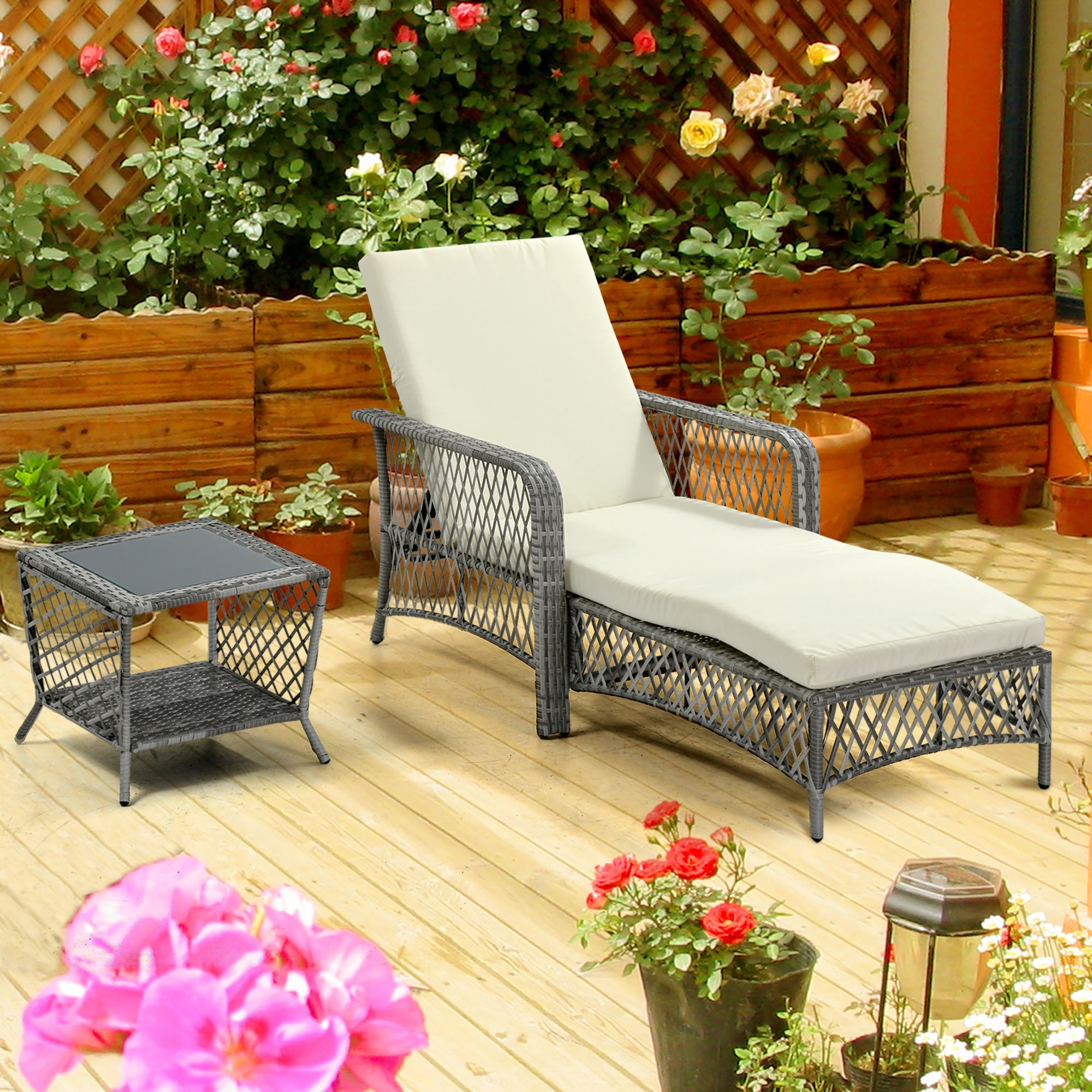 Outsunny Rattan Sun Lounger Set 2PC Deluxe Outdoor Recliner PE Wicker Patio Garden Chaise Cream White