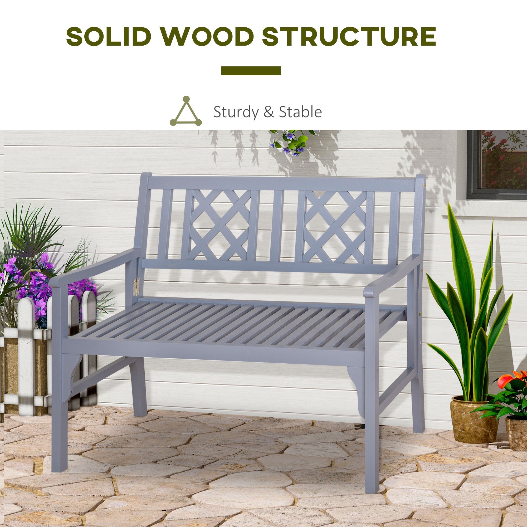 Outsunny Garden Bench 2-Seater Patio Wooden Loveseat Backrest Armrest Grey