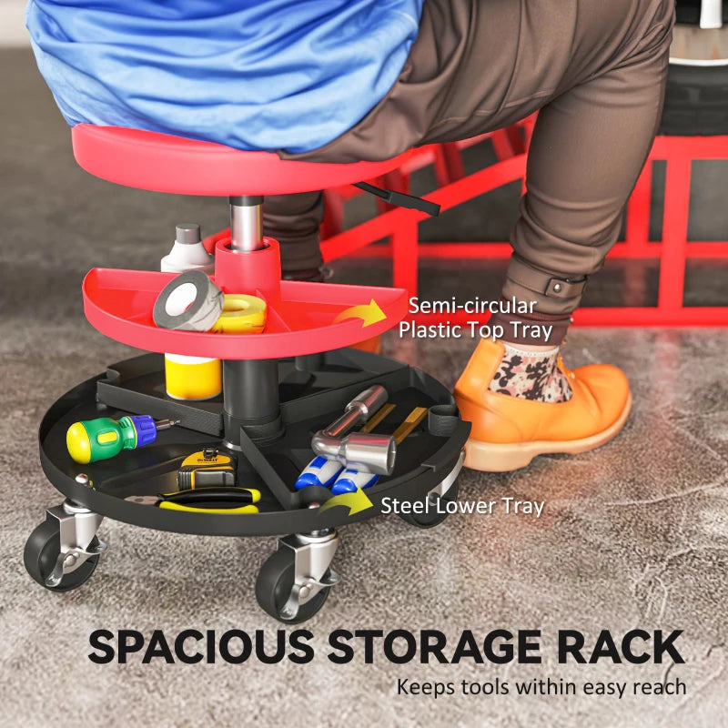 Rolling Garage Stool, 300 LBS Capacity Mechanic Stool with 2.5" Wheels, Tool Trays Storage, Adjustable Height, Red