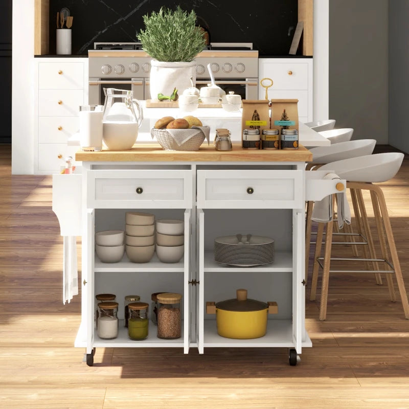 Kitchen Island with Storage, Rolling Trolley Cart with Rubber Wood Top, Spice Rack, Towel Rack, Cream White