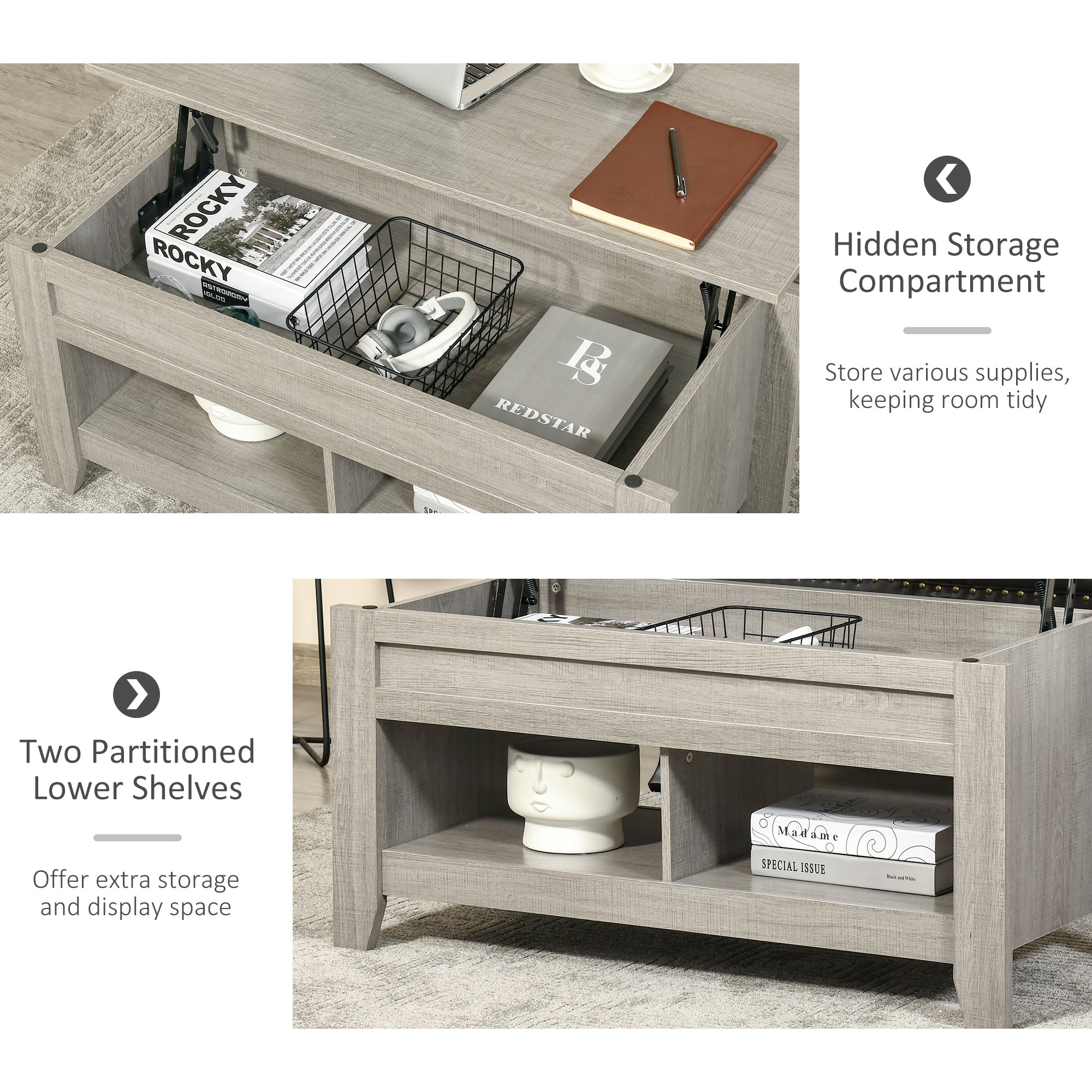 HOMCOM Light Grey Lift Top Coffee Table: Pop-Up Center Table with Hidden Storage, Open Shelves for Living Room