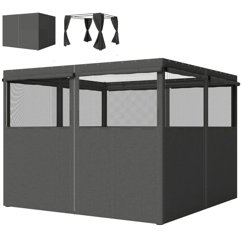 Gazebo Curtains, 10' x 10' Universal Replacement Privacy Curtain, 4-Panels Sidewall with Roll up Mesh Windows, Dark Grey