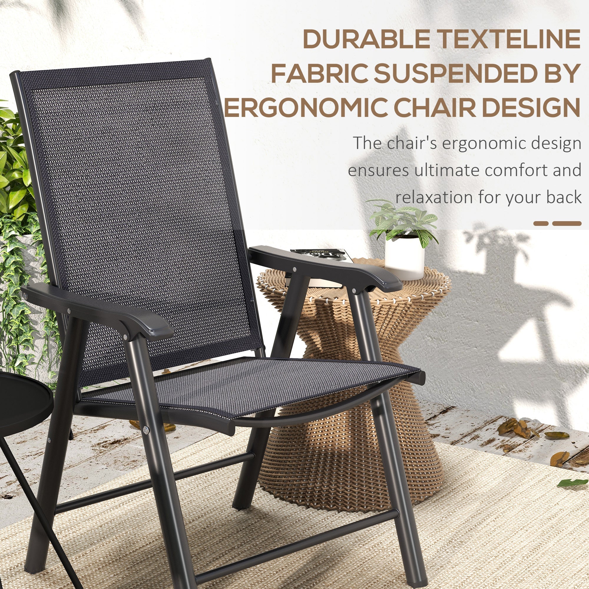 Outsunny 2-Piece Folding Chair Set for Relaxing on Patio Balcony Garden, Comfortable Outdoor Furniture with Armrests, Dark Grey