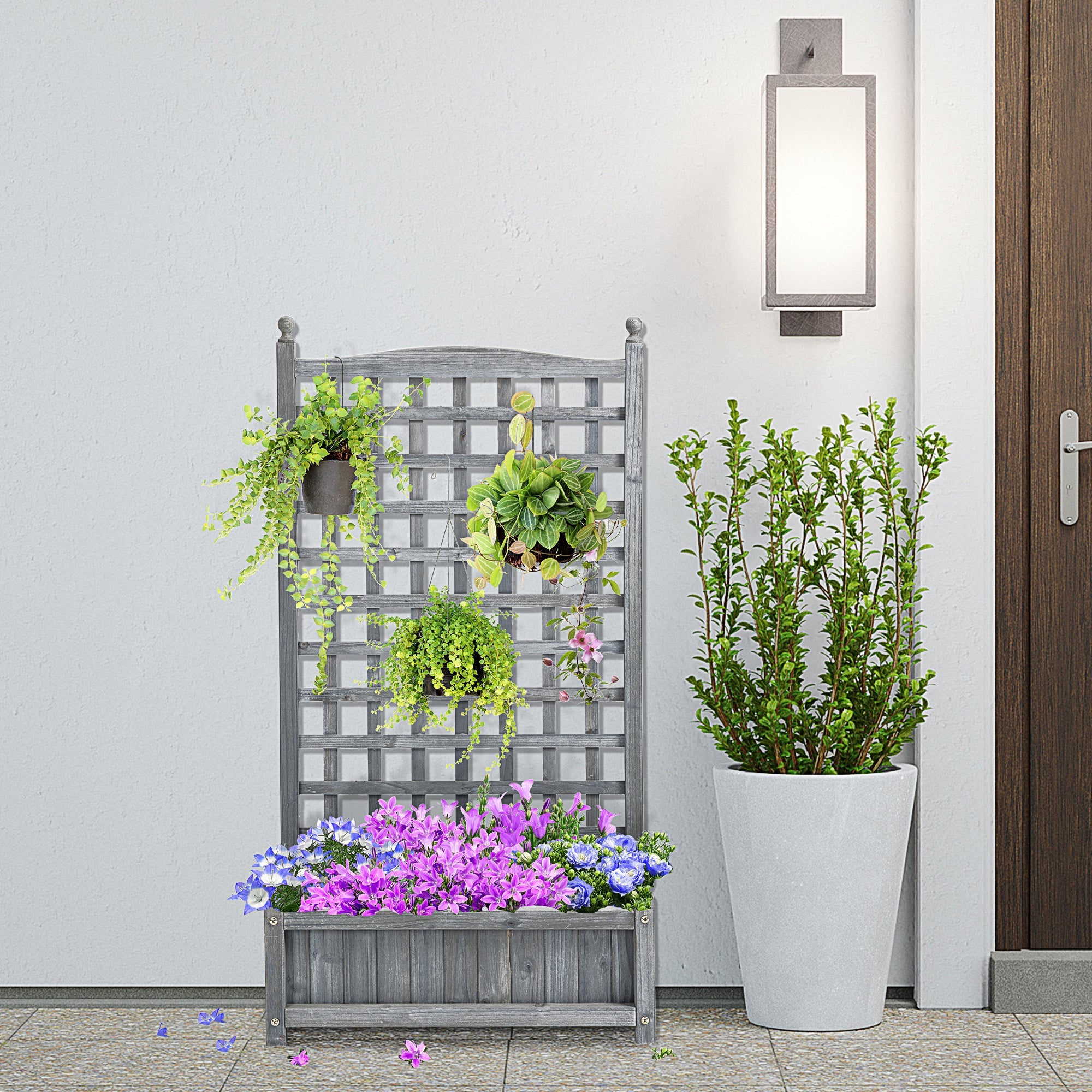 Outsunny Raised Garden Planter Box with Trellis Climbing Vines Free Standing Flower Pot Display Rack Grey