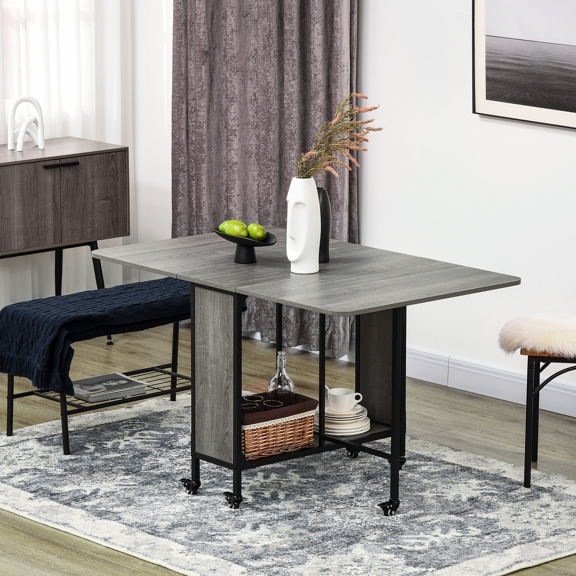 HOMCOM Folding Dining Versatility: Mobile Drop Leaf Extendable Kitchen Table for Small Spaces, Storage Shelf, 6 Wheels, Grey Finish