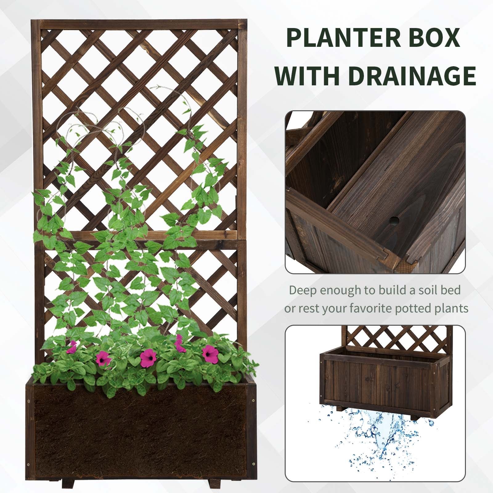 Outsunny Wooden Planter Box with Trellis for Climbing Plants Flower Raised Bed 2.4x1x4.9ft Carbonized