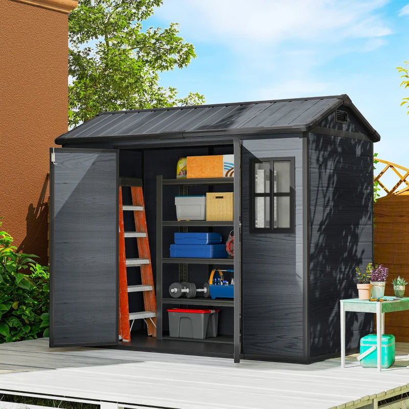 8 x 4 ft Resin Garden Shed, Wood-Effect Outdoor Storage Shed with Floor, Windows, Lockable Doors and Vents, Dark Grey