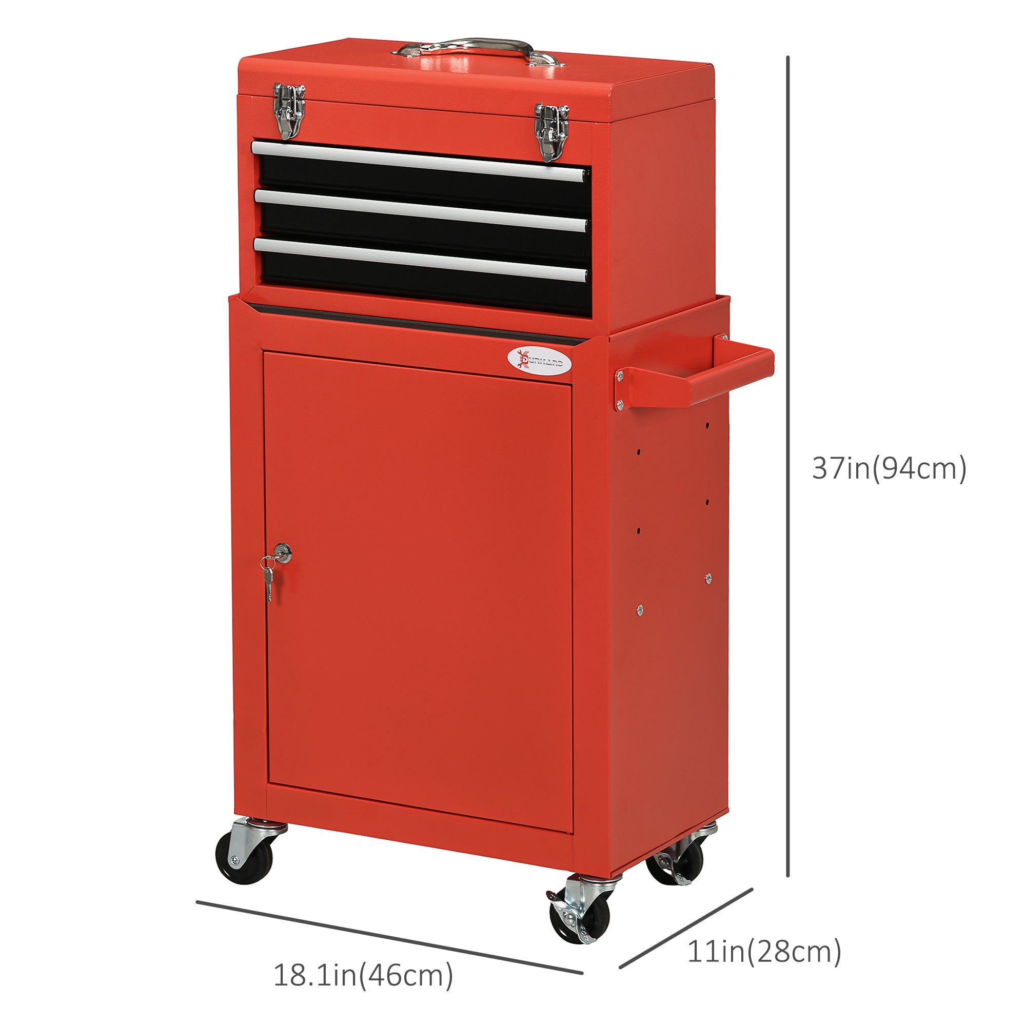 DURHAND 2 In 1 Detachable Tool Box and Tool Cabinet, 3-Drawer Rolling Tool Chest Cabinet on Wheels with Lock and 2 Keys, Red