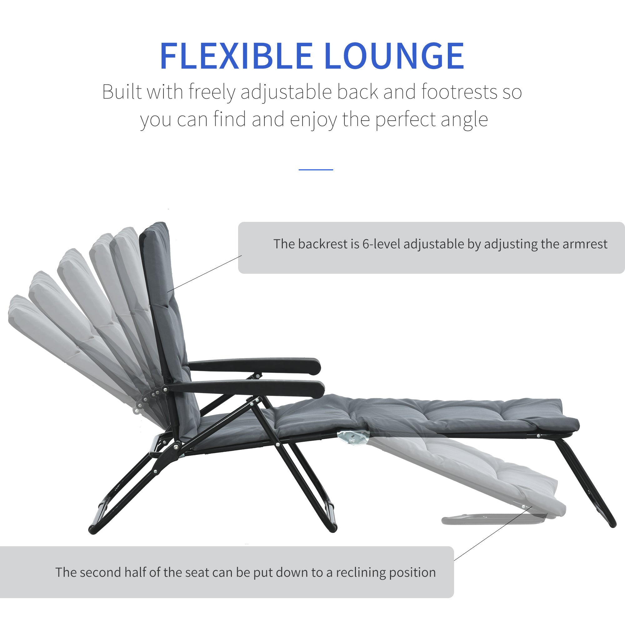 Outsunny Reclining Sun Lounger: Foldable Patio Chair with 6-Position Adjustable Back, Gray Finish for Outdoor Comfort