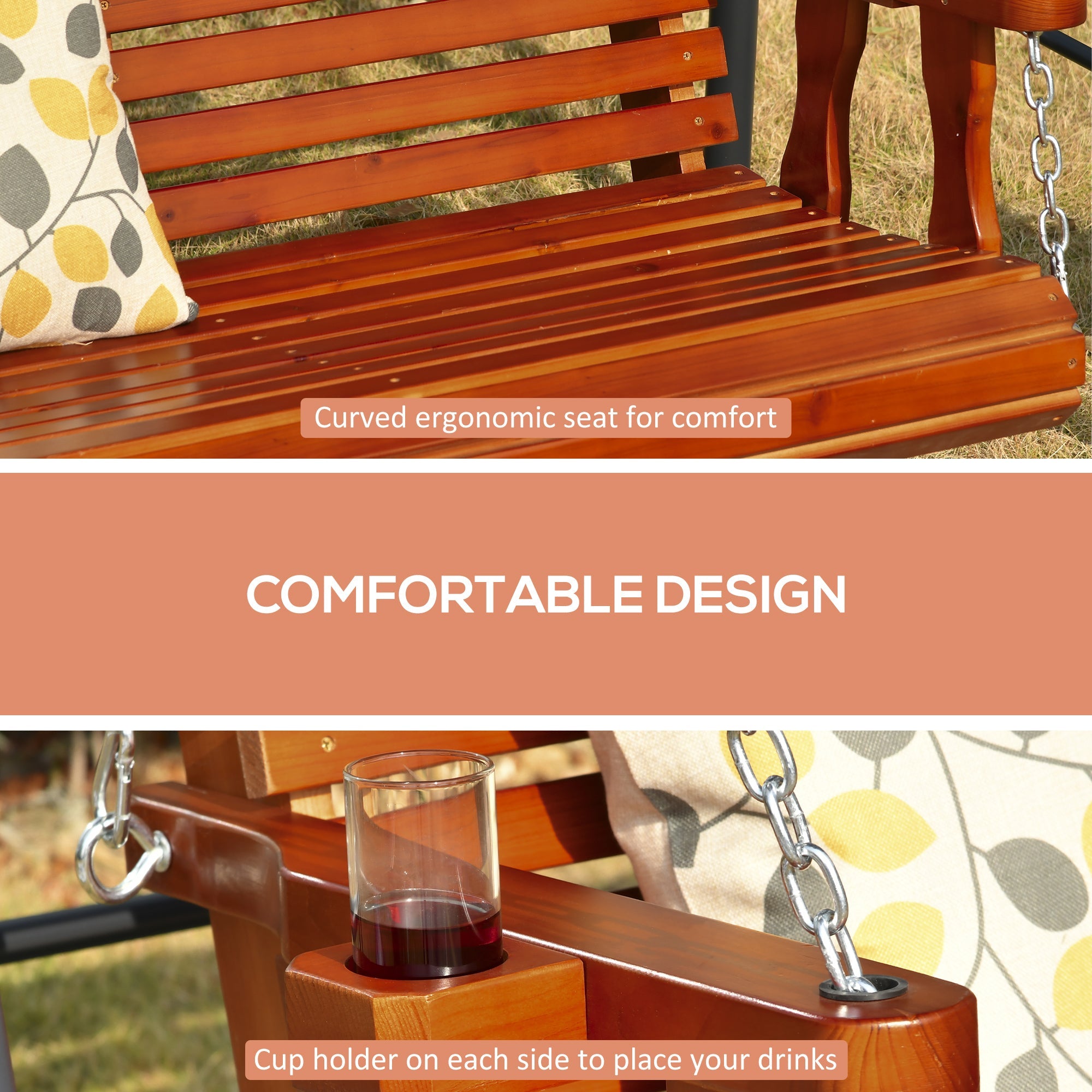 Outsunny Wooden Patio Swing Chair 2 Seater Porch Swing with Cup Holder Chains Outdoor Bench for Garden Yard Brown