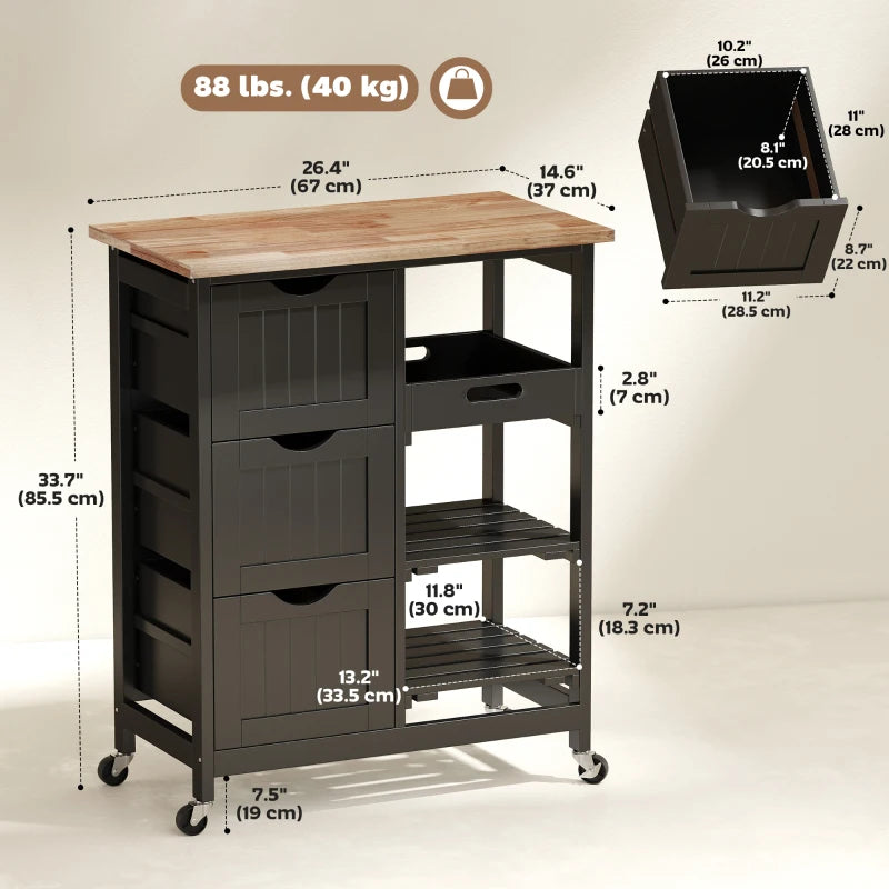 Kitchen Cart on Wheels, Rolling Kitchen Island Cart with Wood Top, 3 Drawers and Shelves for Home Dining Area, Black