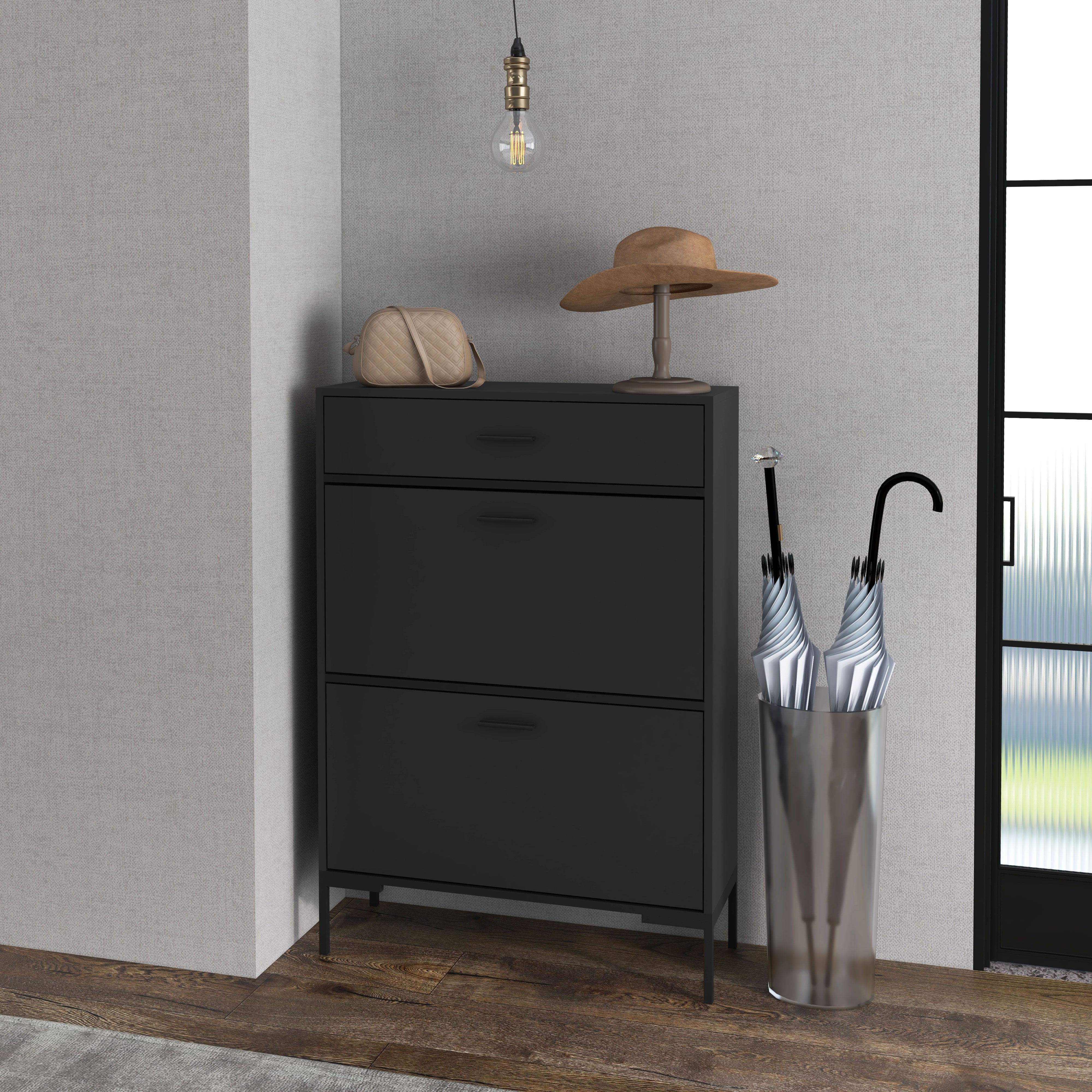 HOMCOM Modern Shoe Cabinet Storage 12 Pair Shoe Organizer with 2 Flip Doors Drawer and Adjustable Shelf Black