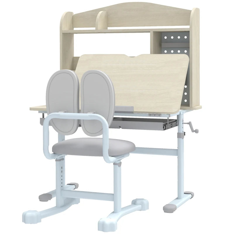 Qaba Kids Desk and Chair Set with Tilting Desktop, Adjustable Height, Drawer and Shelves for Boys Girls Ages 3-12, Grey