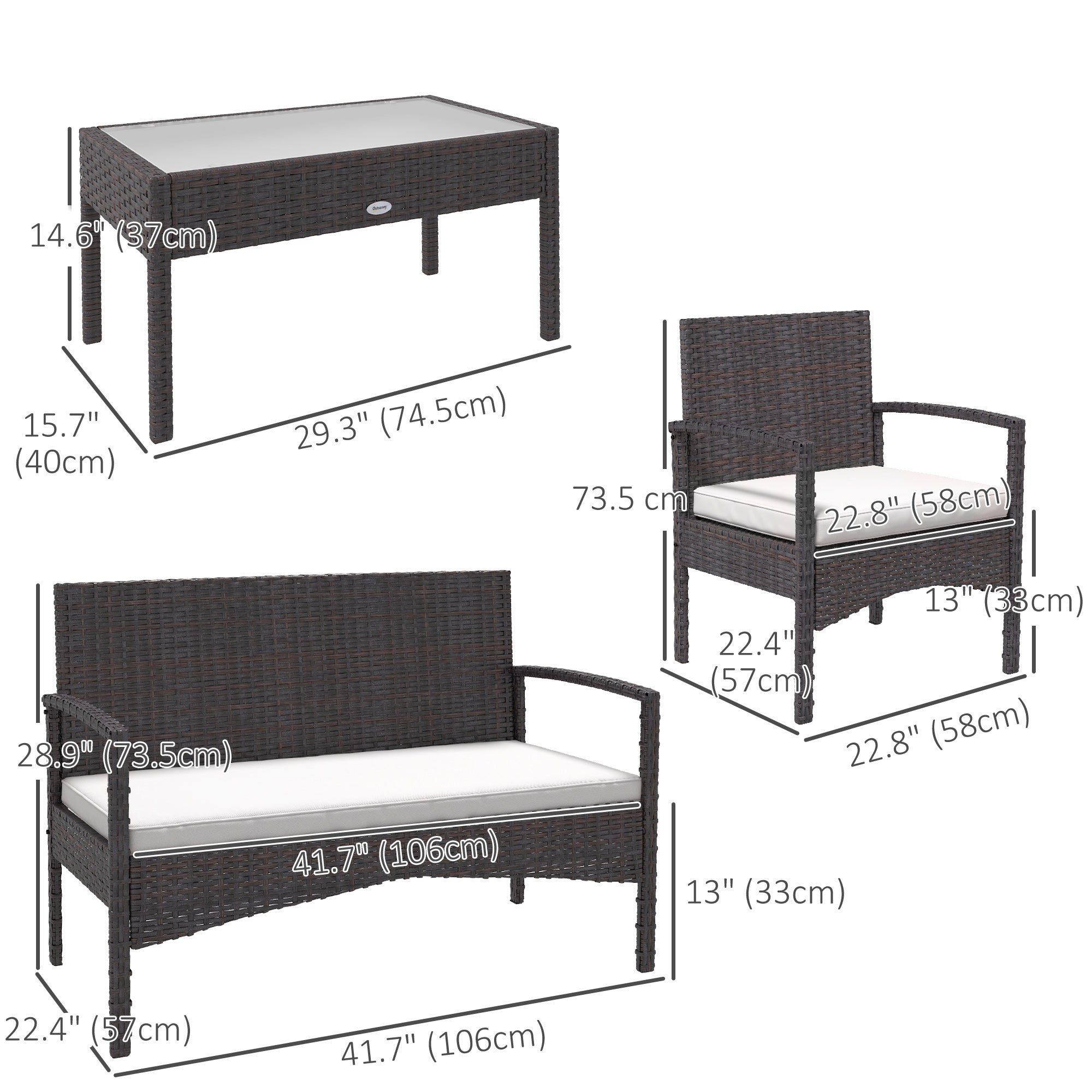 Outsunny 4-Piece Patio Furniture Set Loveseat Sofa Armchairs Glass Table Outdoor Wicker Conversation Set White