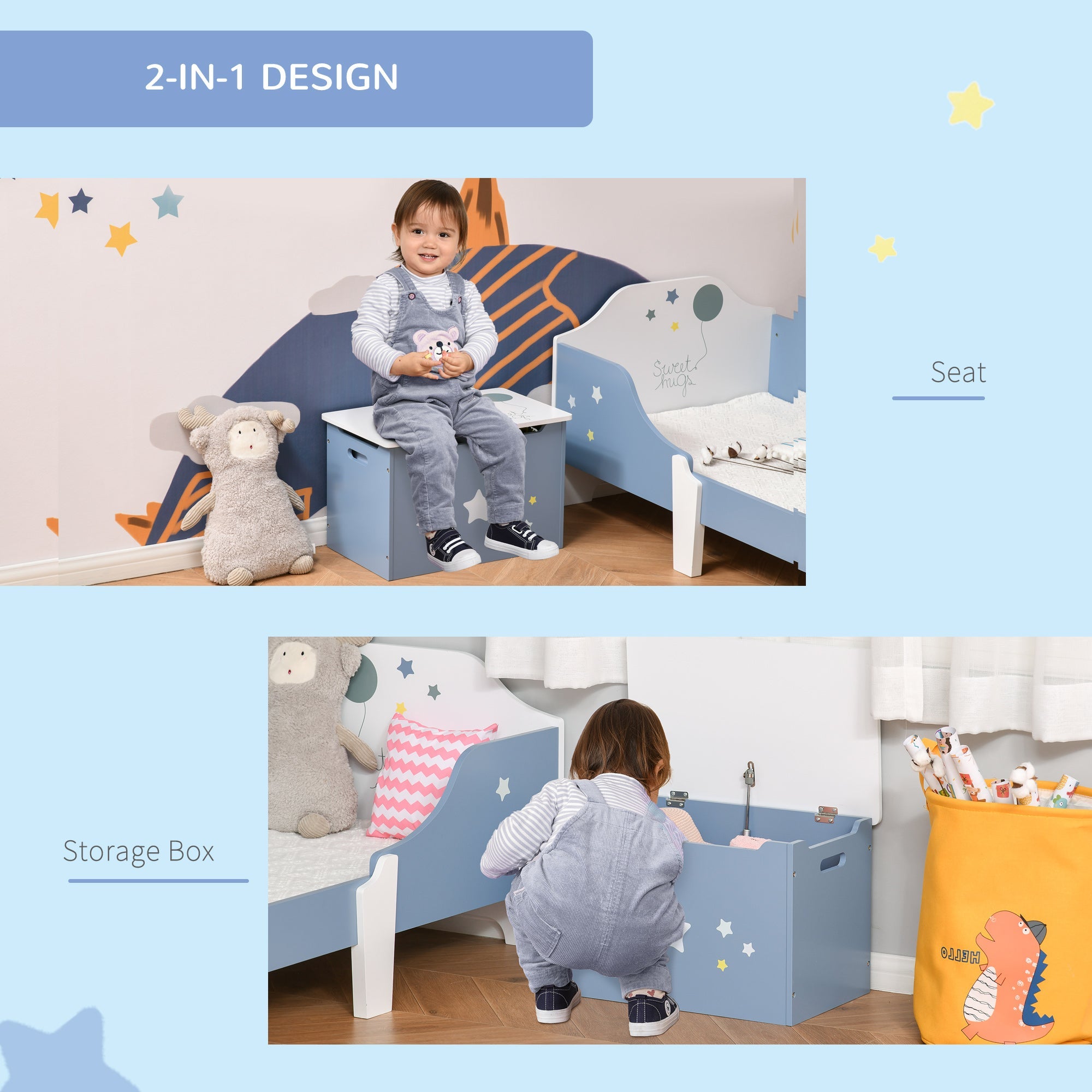 Qaba Wooden Toy Storage Box Organizer Chest with Seating Bench and Gas Stay Bar for Kids Room Blue