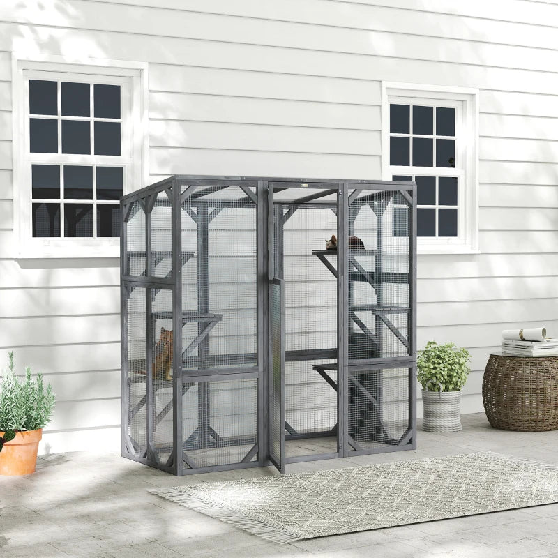 Outdoor Cat Enclosure with 6 Jumping Platforms, Weatherproof Roof, Large Front Door for 1-3 Cats, 59" x 28" x 60", Grey