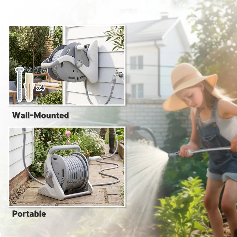 Portable Garden Hose Reel, 1/2" x 66ft Wall Mounted Hose Reel with 2 Patterns Spray Nozzle and Crank Handle, Grey