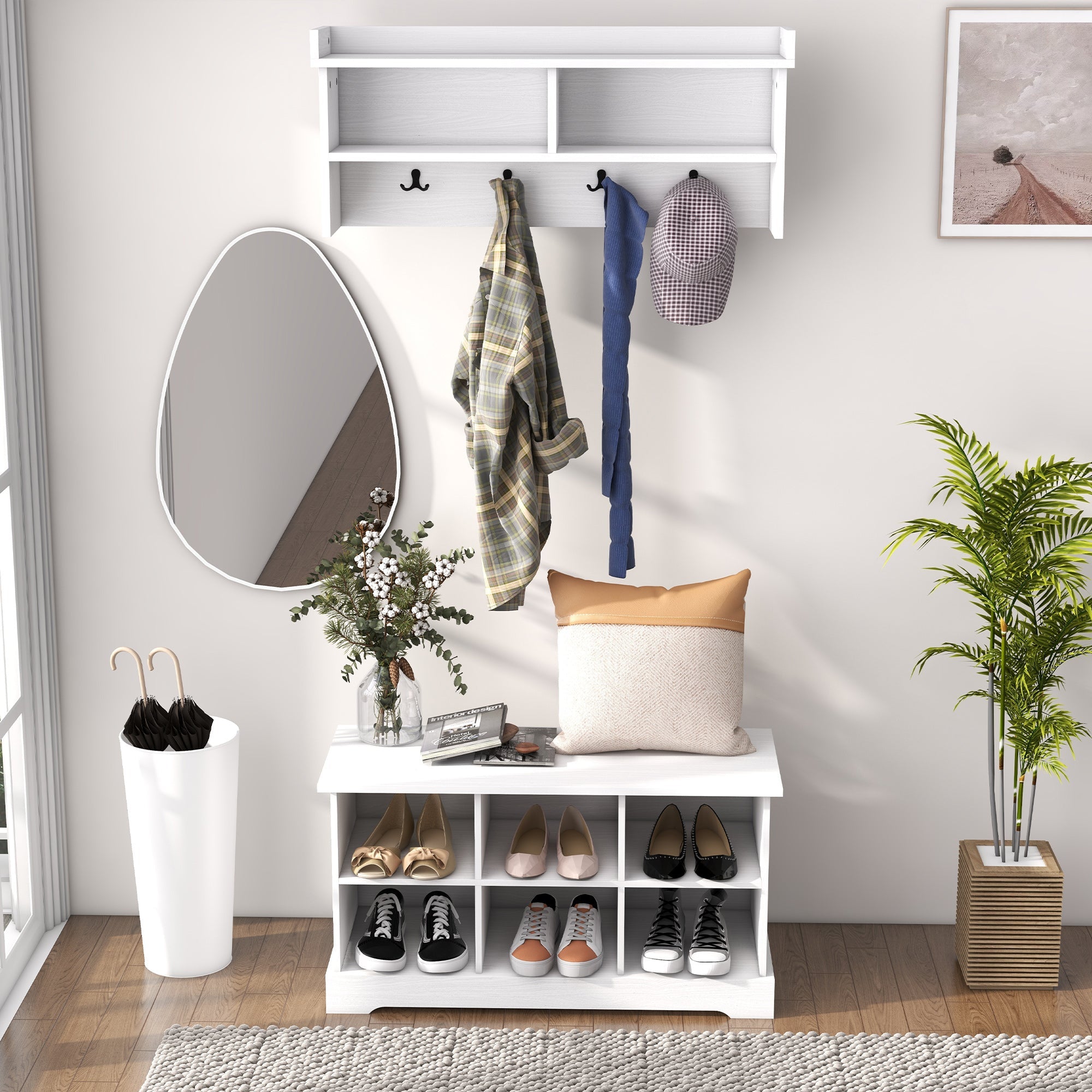 HOMCOM Coat Rack Shoe Bench Set Entryway 8 Cubbies 4 Hooks Hallway Living Room Bedroom White