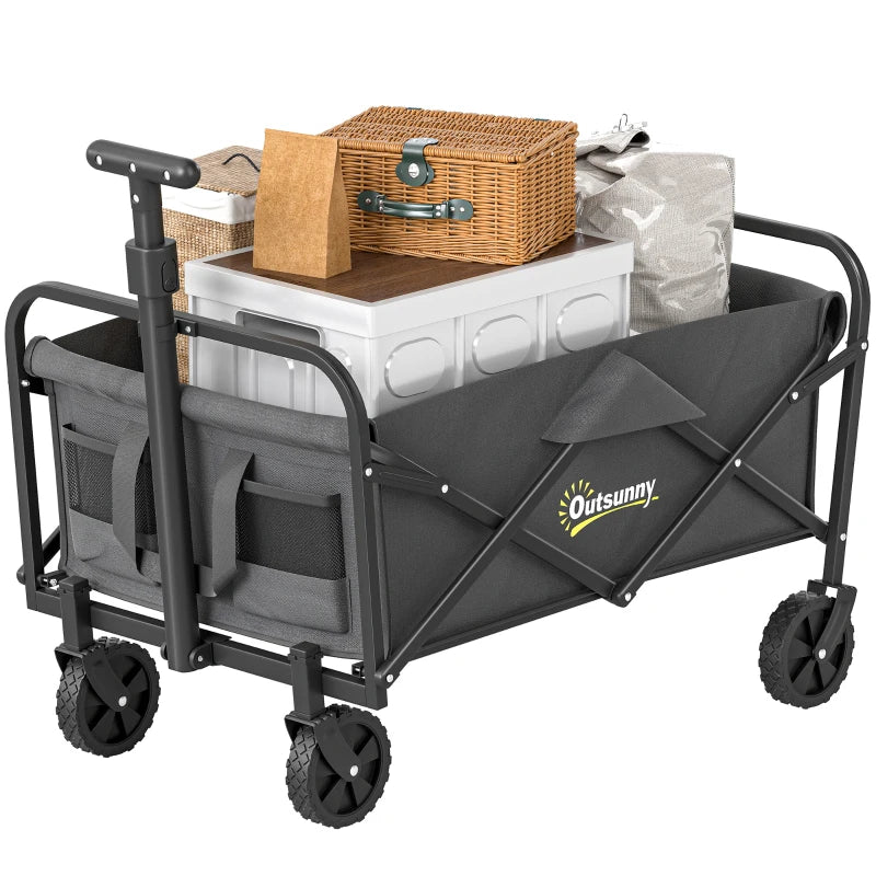 Collapsible Folding Garden Cart, Heavy Duty Lawn Wagon with Universal Wheels and Adjustable Handle, Grey