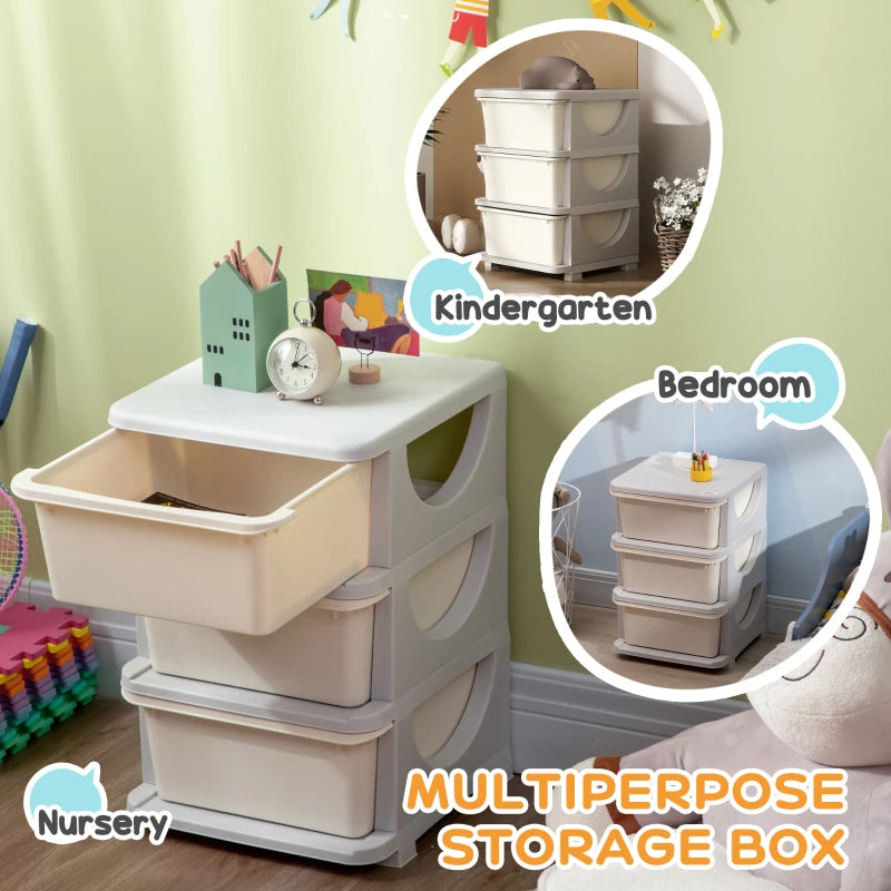Qaba 3 Tier Kids Toy Organizer and Storage Bins with 3 Plastic Drawers, Cream White