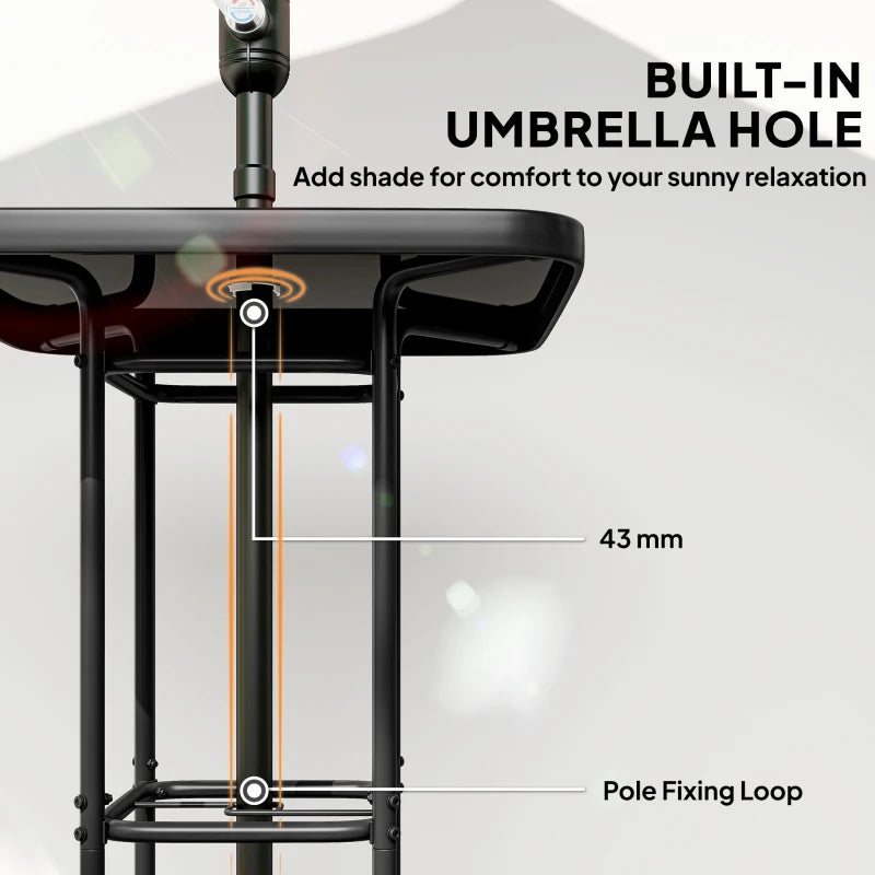 Outdoor Bar Table with Umbrella Hole, 41.3" Bar Height Patio Table with Glass Top and Metal Frame, Black