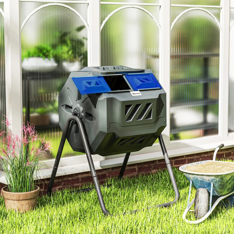 Tumbling Compost Bin Outdoor Dual Chamber 360° Rotating Composter 43 Gallon with Sliding Doors, Blue