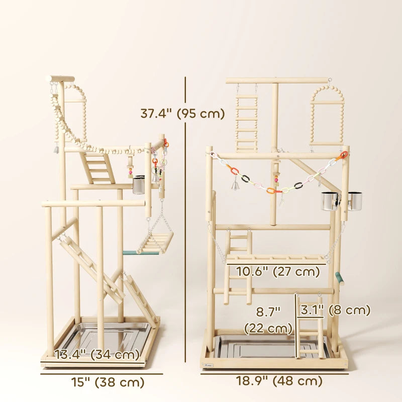 Bird Playground, 4 Layer Wooden Play Stand with Ladders, Chain Toy, Stainless Steel Cups and Tray for Small Birds