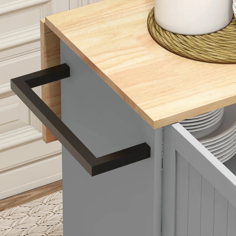 Rolling Kitchen Cart on Wheels with Drop Leaf, Kitchen Island with 3 Drawers, Solid Wood Top and Towel Rack, Grey