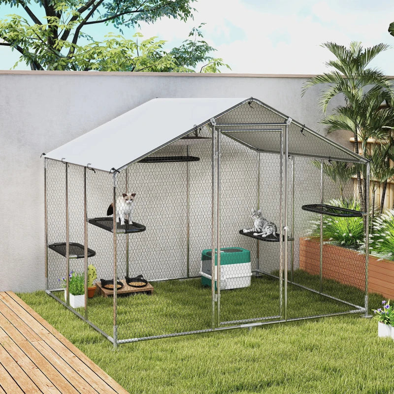 Large Catio Outdoor Cat Enclosure with Waterproof Cover, Walk-in Cat Patio w/ 5 Adjustable Platforms & Hammock 94.5" W
