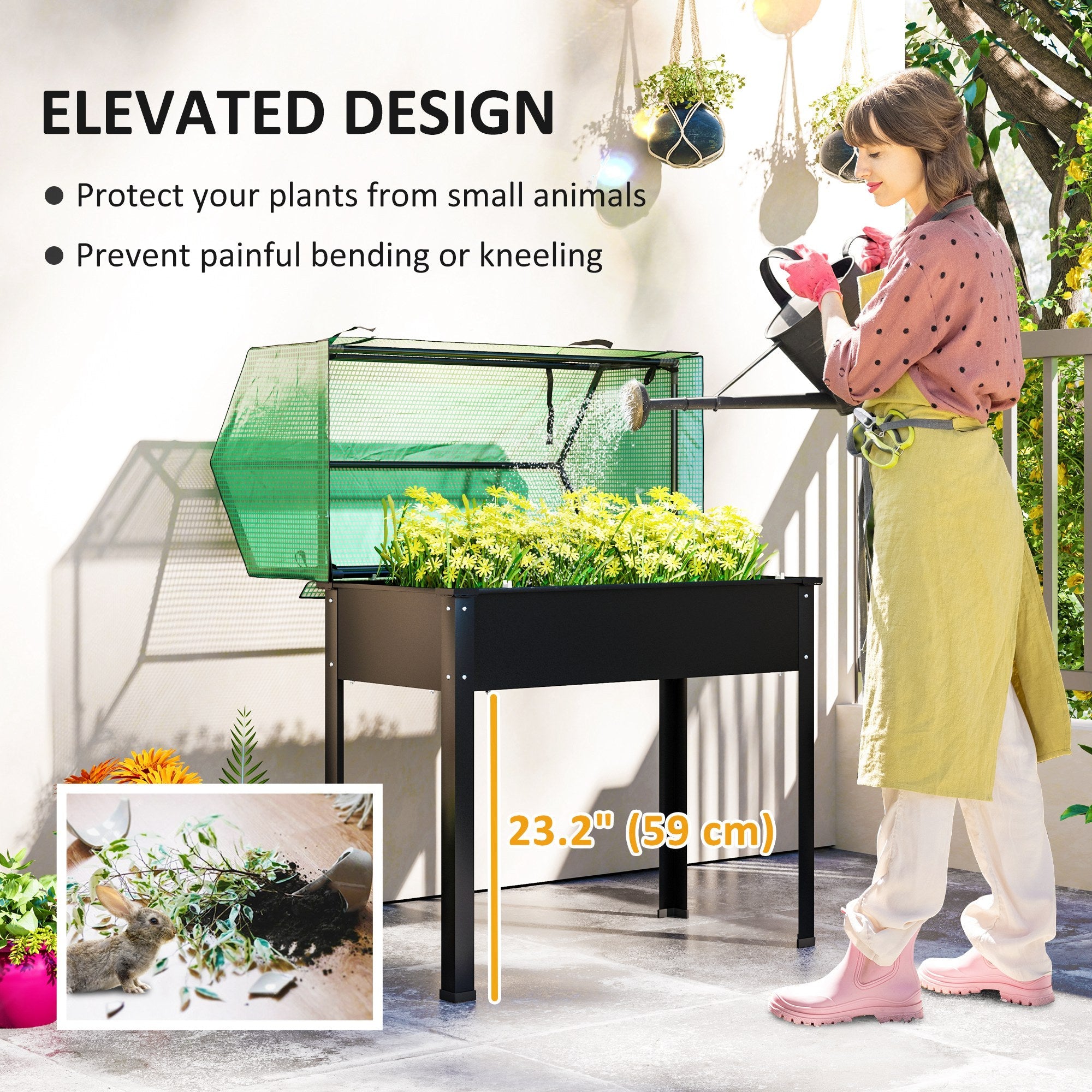 Outsunny Raised Garden Bed Planter with PE Greenhouse Cover, Elevated Garden Bed Box with Drainage Hole for Flowers, Black