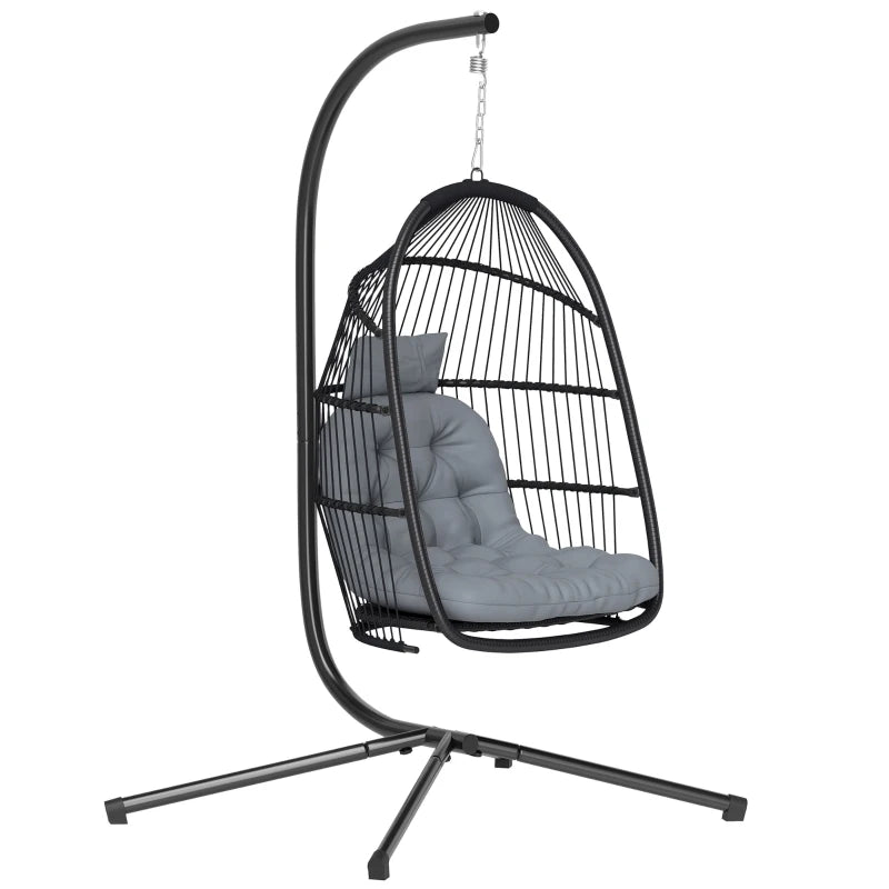 Wicker Egg Swing Chair with Stand, Foldable Hanging Egg Chair with UV Resistant Cushion, Headrest, Dark Grey